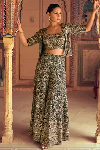  green georgette palazzo set for women