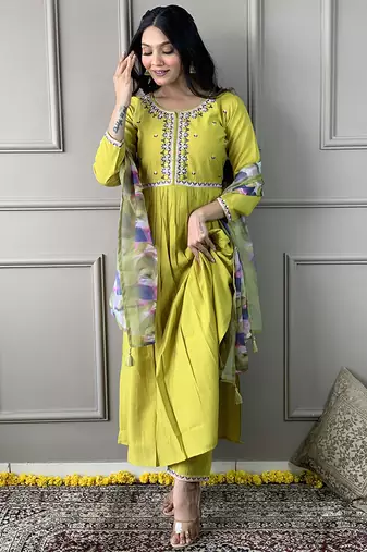 Parrot green color viscose chanderi embroidered a line suit