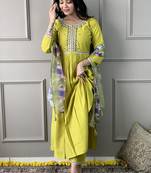 Parrot green color viscose chanderi embroidered a line suit