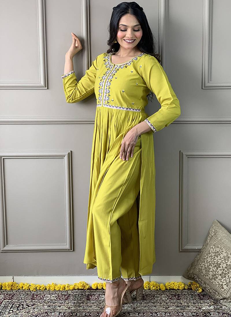 Parrot green color viscose chanderi embroidered a line suit