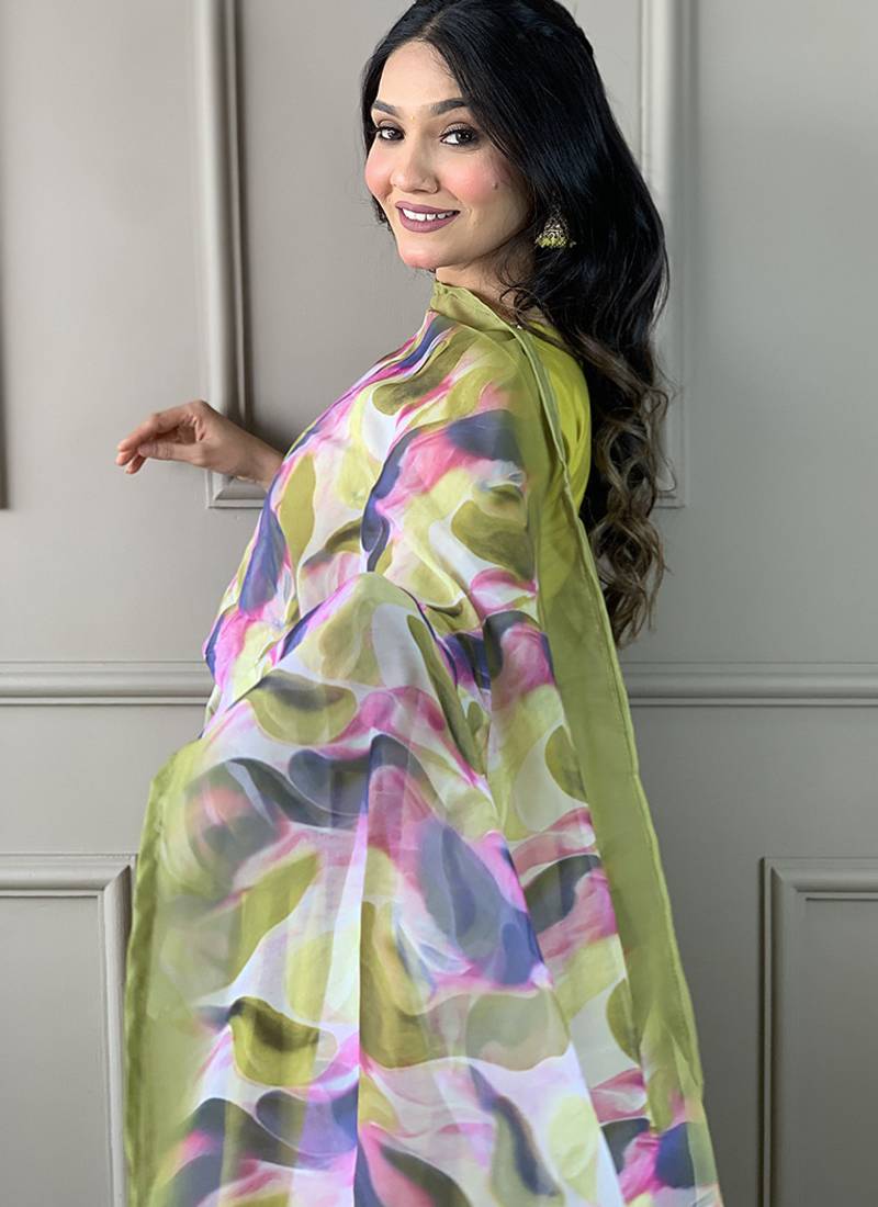 Parrot green color viscose chanderi embroidered a line suit