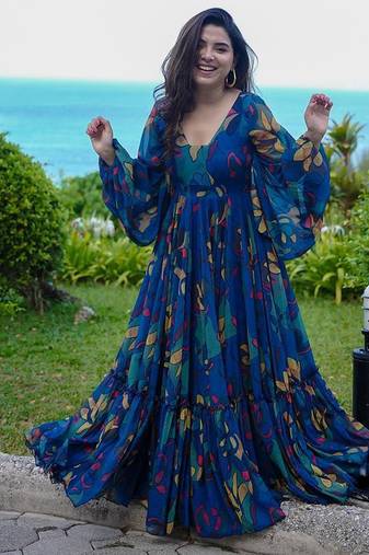 Navy blue color floor length georgette gown