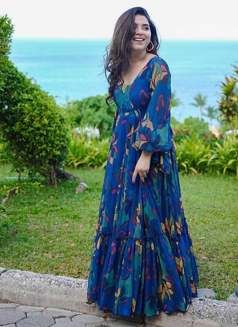 Navy blue color floor length georgette gown