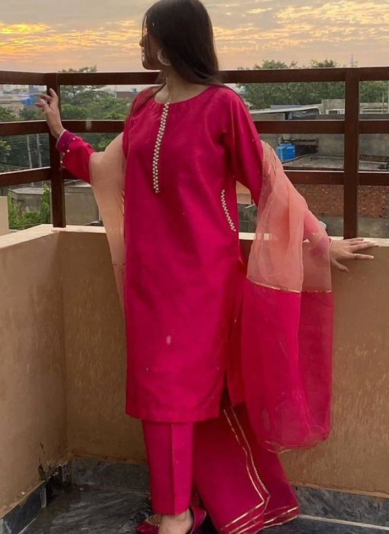 Rani pink viscose chanderi kurta set