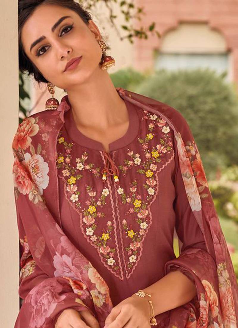 Maroon color muslin fabric embroidered anarkali suit