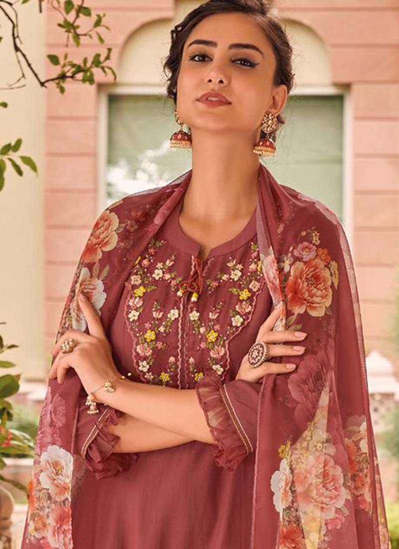 Maroon color muslin fabric embroidered anarkali suit