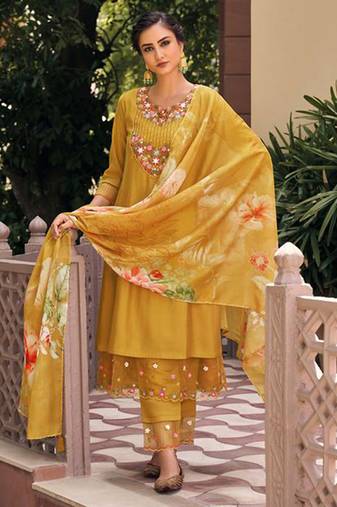 Mustard color muslin fabric embroidered anarkali suit