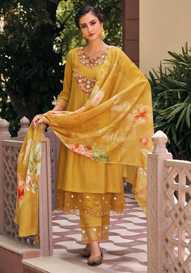 Mustard color muslin fabric embroidered anarkali suit