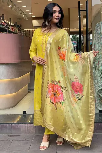 Organza jacquard work kurta set in yellow
