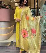 Organza jacquard work kurta set in yellow