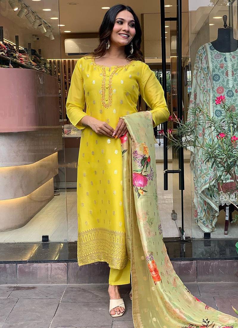 Organza jacquard work kurta set in yellow