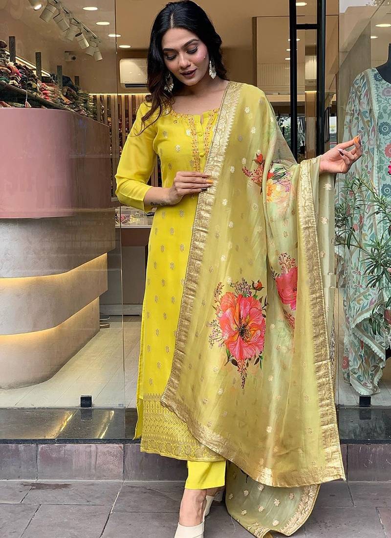 Organza jacquard work kurta set in yellow