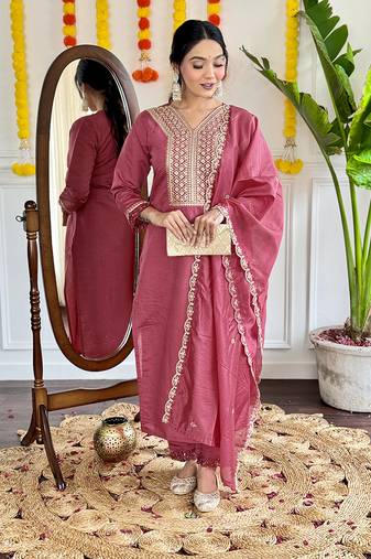 Onion pink viscose chanderi sttiched kurta set