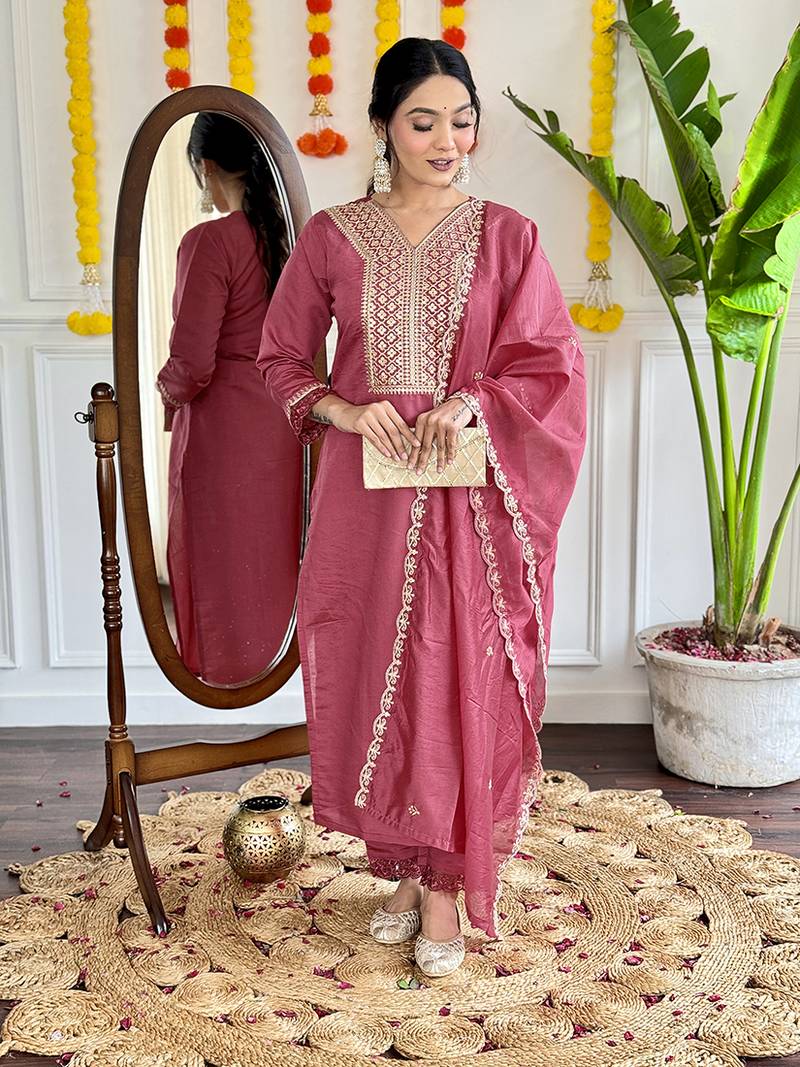 Onion pink viscose chanderi sttiched kurta set