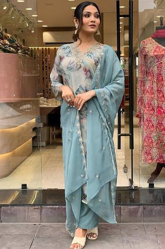 Light blue organza printed ready made suit