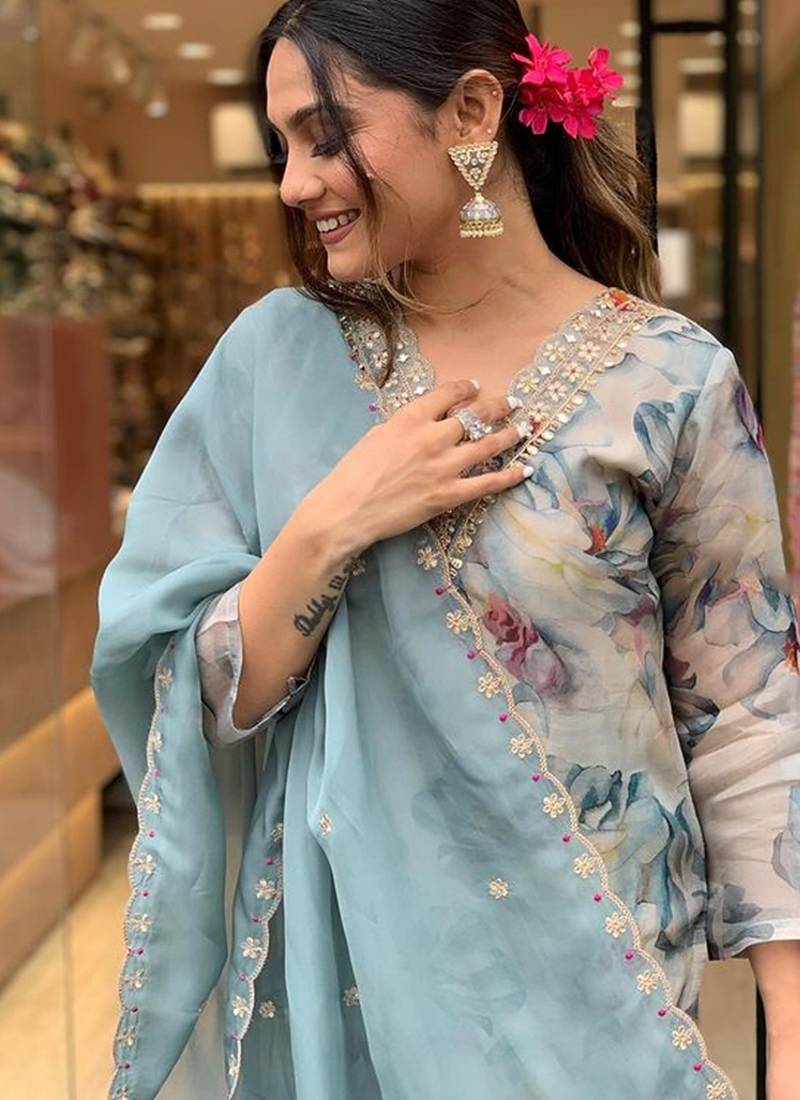 Light blue organza printed ready made suit