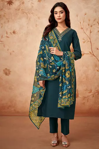 Dark green chanderi viscose thread work readymade suit
