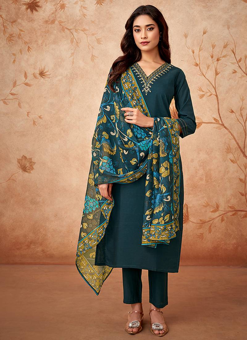 Dark green chanderi viscose thread work readymade suit