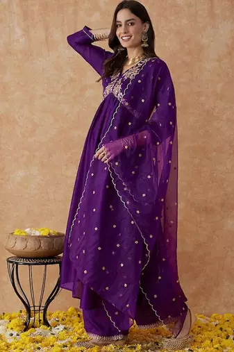 Dark purple vischitra silk thread work anarkali suit