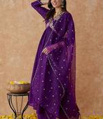 Dark purple vischitra silk thread work anarkali suit