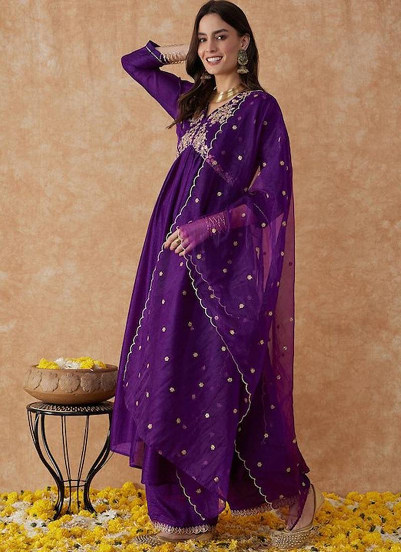 Dark purple vischitra silk thread work anarkali suit