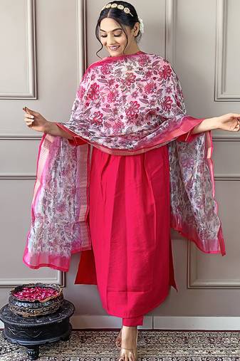 Hot pink viscose chanderi a line style suit