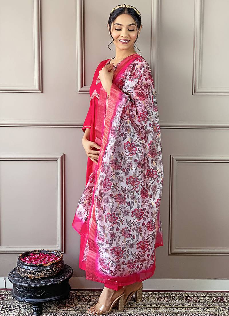 Hot pink viscose chanderi a line style suit