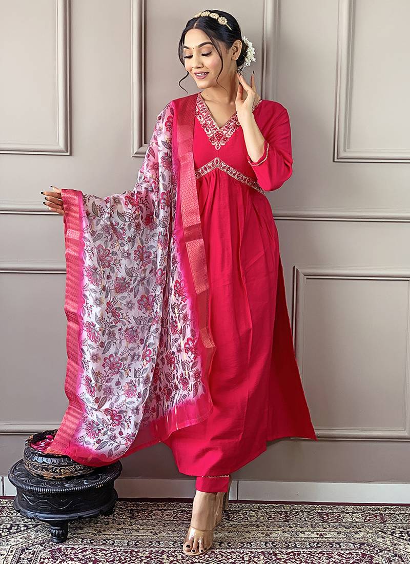 Hot pink viscose chanderi a line style suit