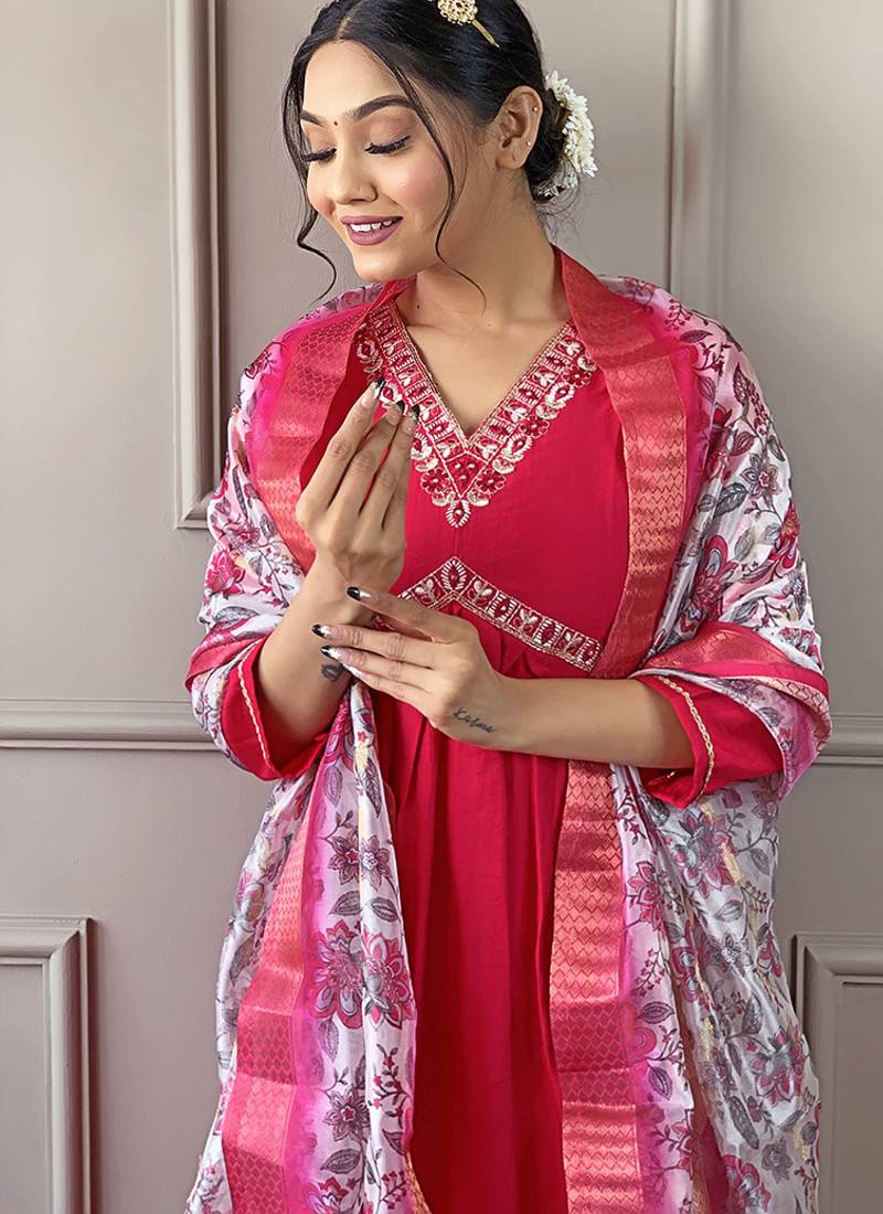 Hot pink viscose chanderi a line style suit