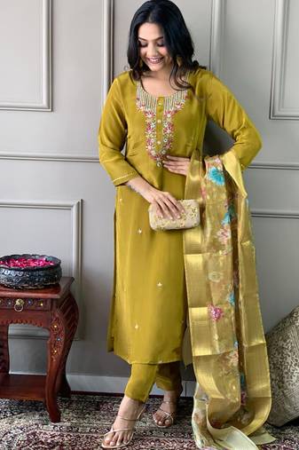 Viscose chanderi embroidered readymade suit in olive green