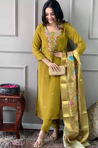 Viscose chanderi embroidered readymade suit in olive green