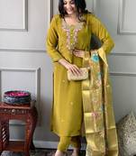Viscose chanderi embroidered readymade suit in olive green