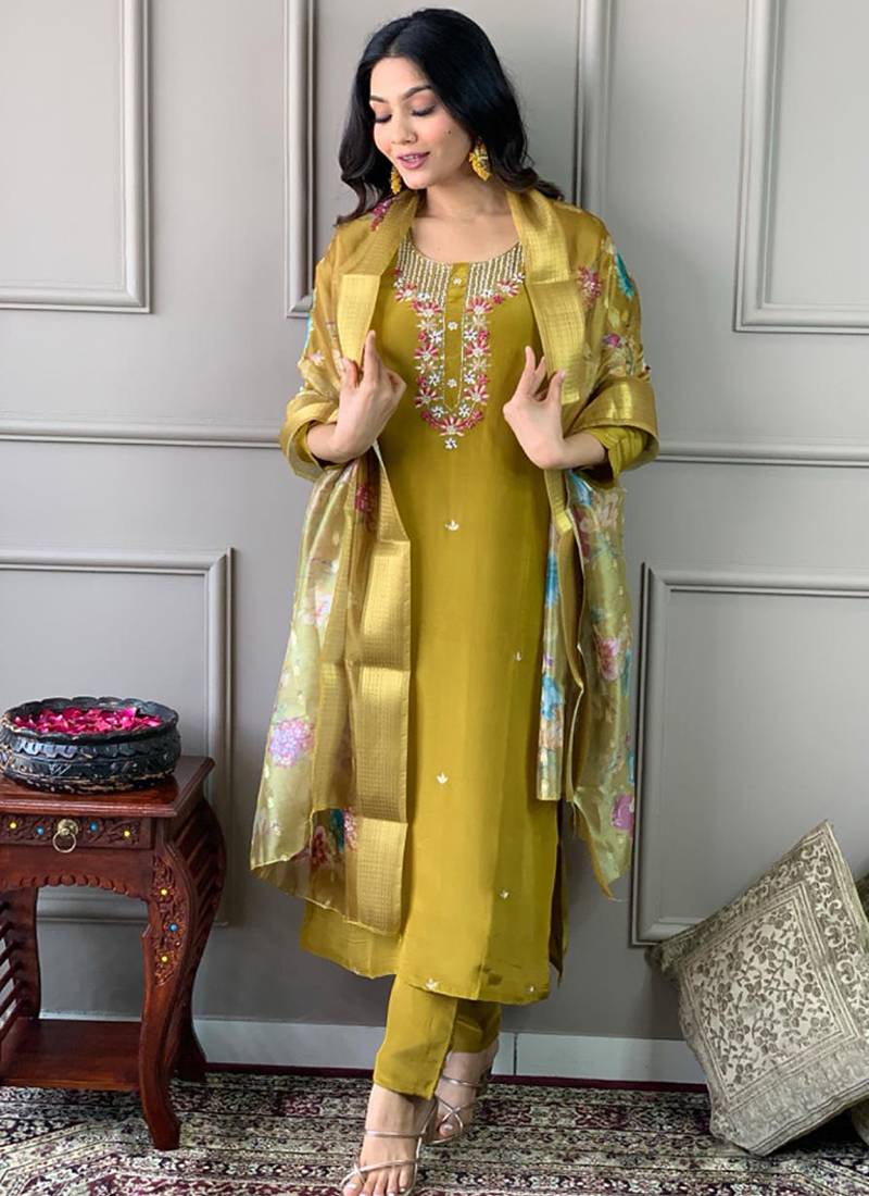 Viscose chanderi embroidered readymade suit in olive green