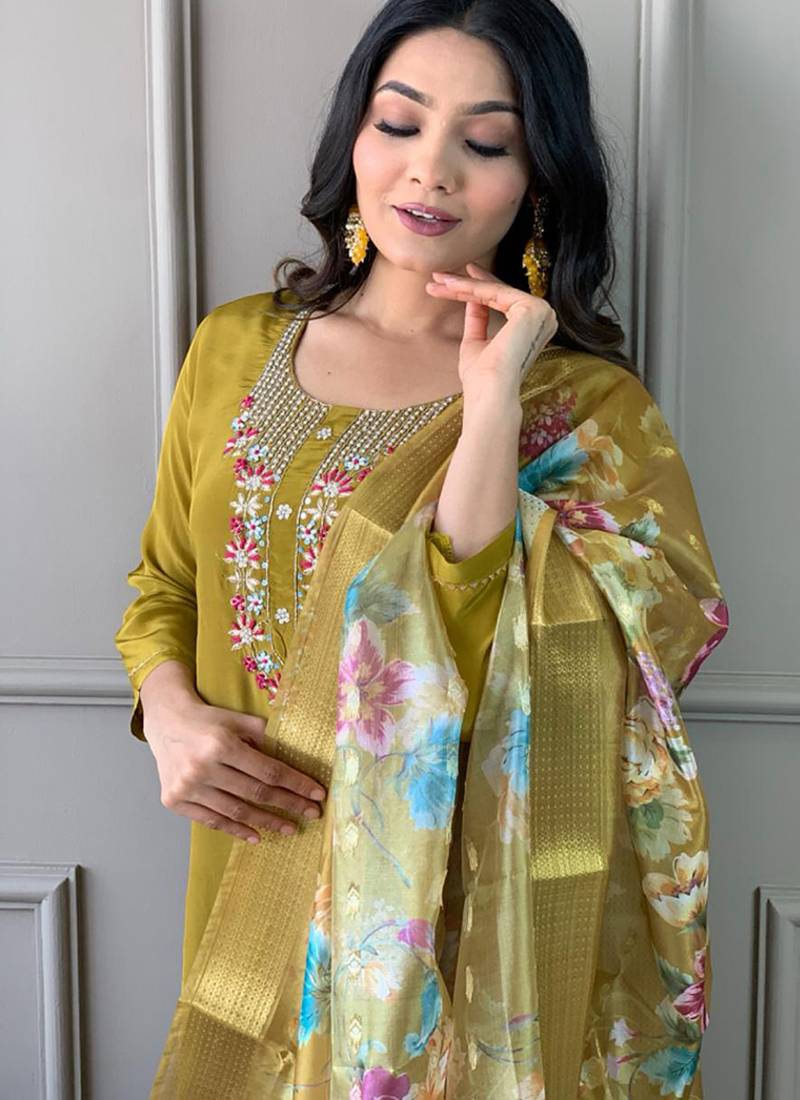 Viscose chanderi embroidered readymade suit in olive green