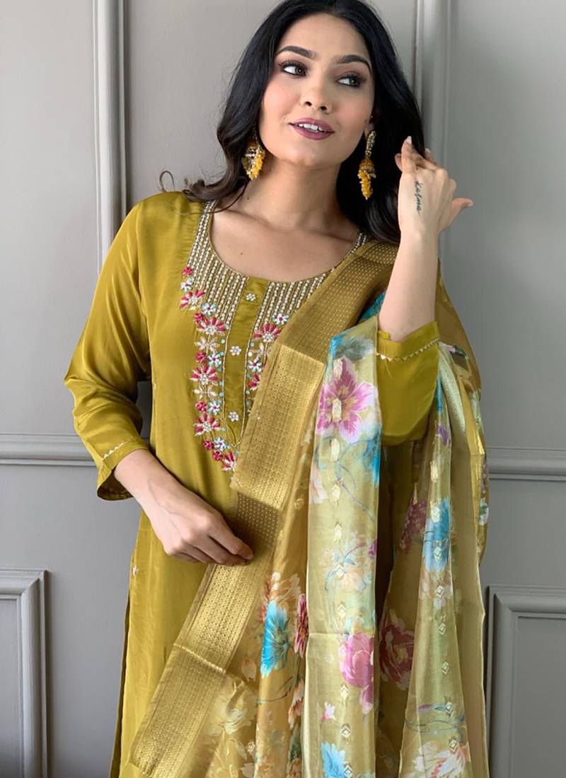 Viscose chanderi embroidered readymade suit in olive green