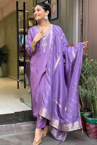 Viscose chanderi embroidered sttiched suit in lavender