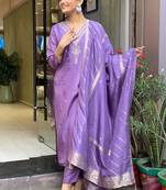 Viscose chanderi embroidered sttiched suit in lavender