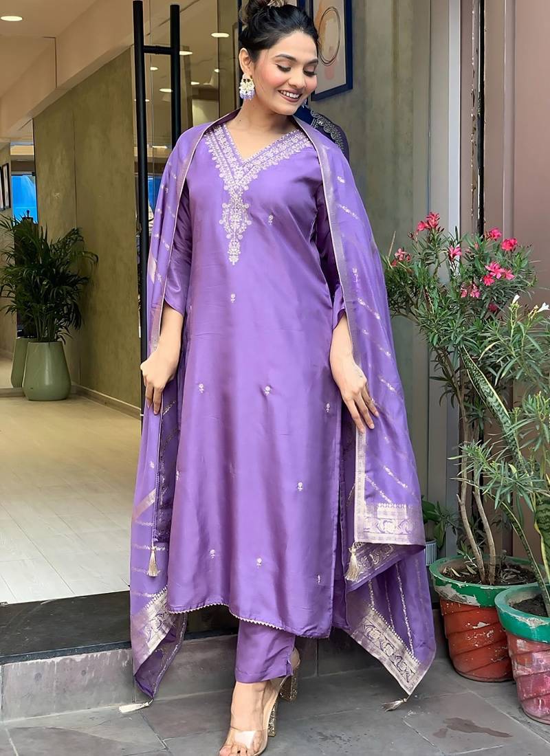 Viscose chanderi embroidered sttiched suit in lavender