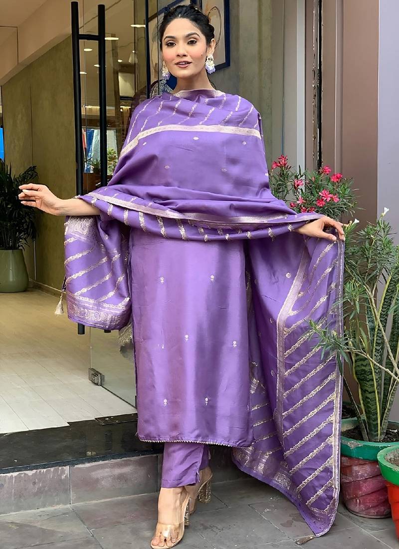 Viscose chanderi embroidered sttiched suit in lavender
