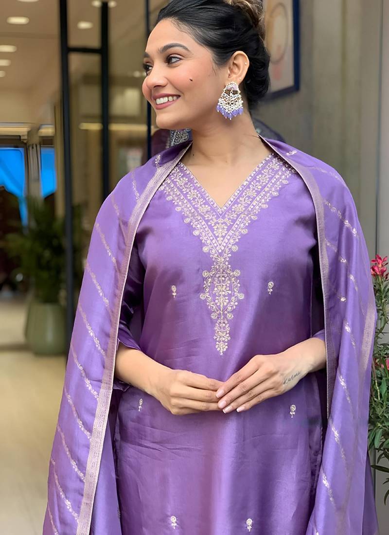 Viscose chanderi embroidered sttiched suit in lavender