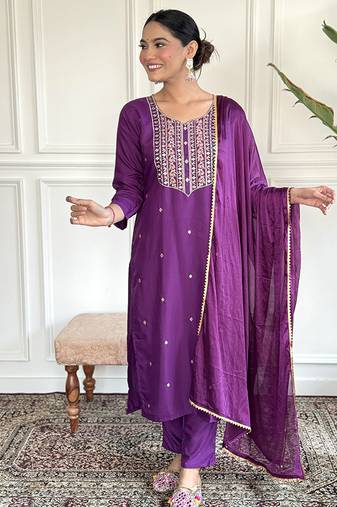 Purple color rayon sttiched kurta set