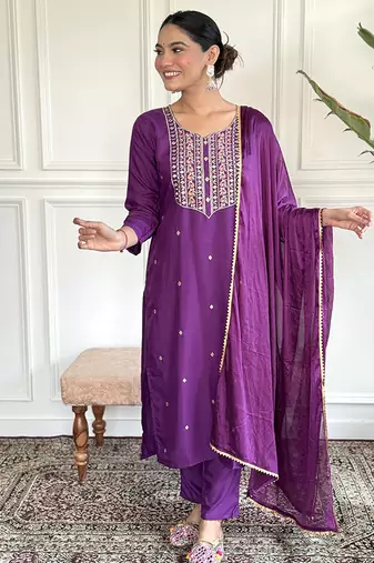 Purple color rayon sttiched kurta set