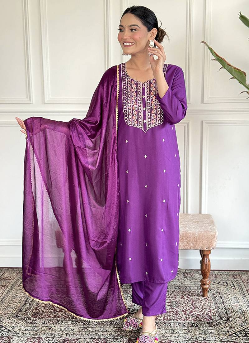 Purple color rayon sttiched kurta set
