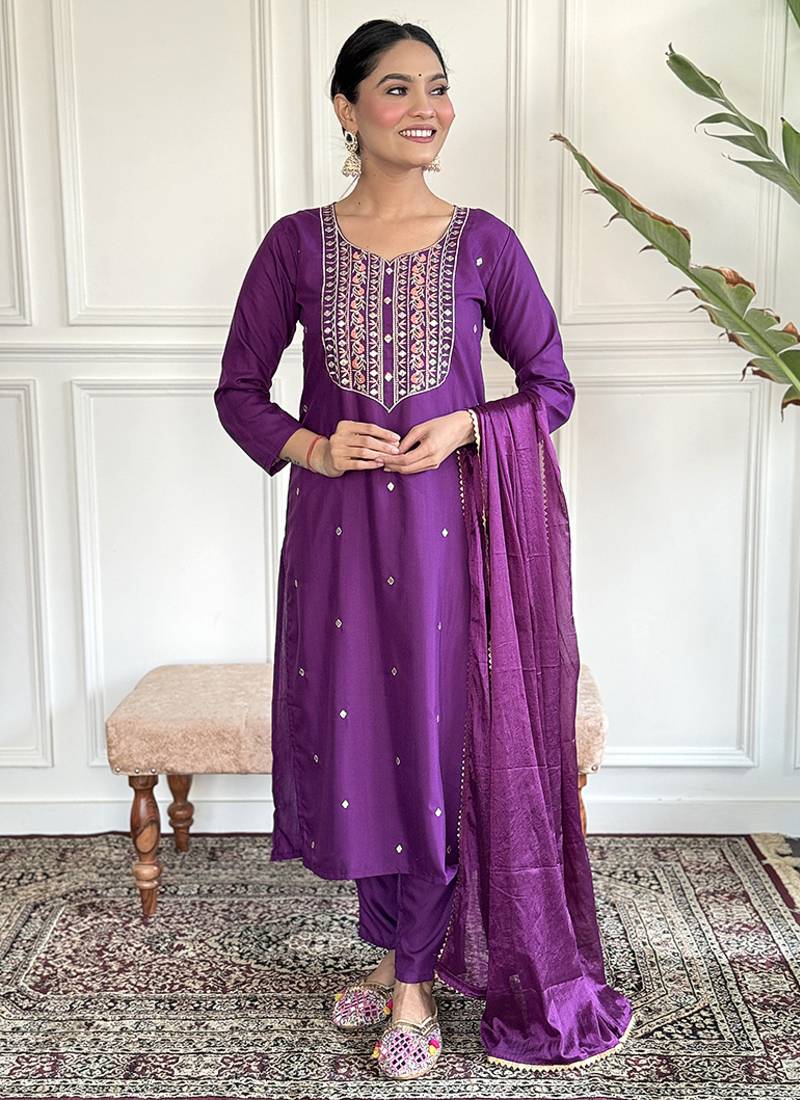 Purple color rayon sttiched kurta set