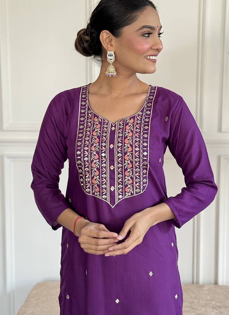 Purple color rayon sttiched kurta set
