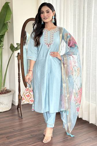 Sky blue chanderi straight readymade suit