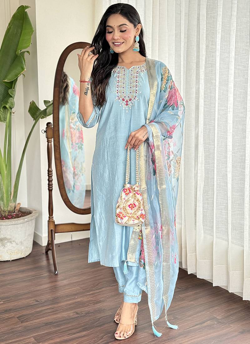 Sky blue chanderi straight readymade suit