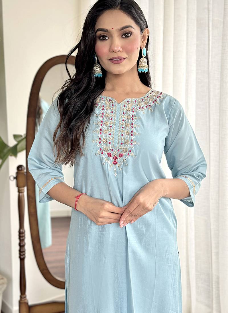 Sky blue chanderi straight readymade suit