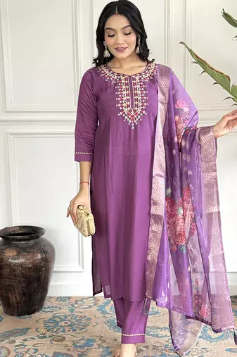 Purple chanderi straight readymade suit
