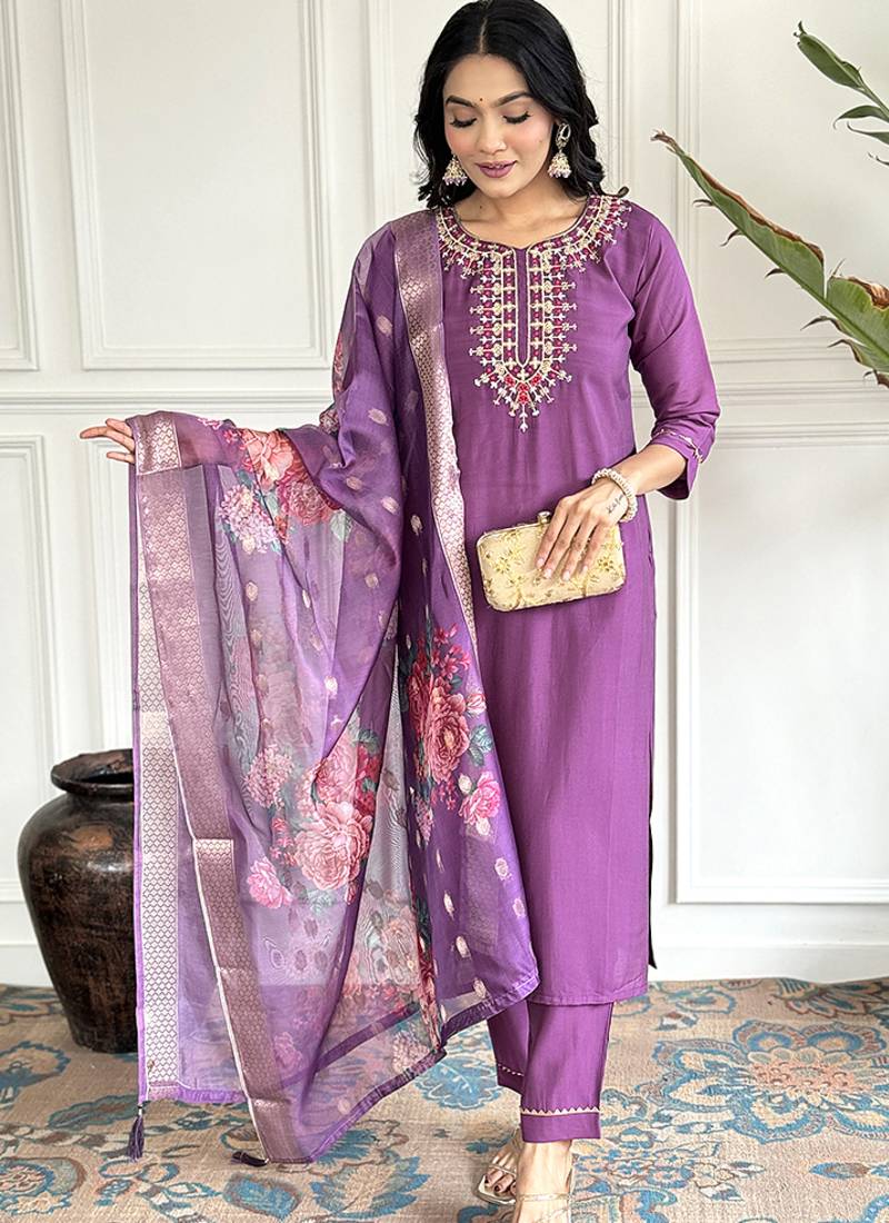 Purple chanderi straight readymade suit